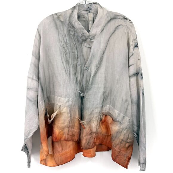 Gilda Midani Womens S Linen Orient Shirt Knot Buttons Pockets Dip Dye Lagenlook - Picture 2 of 11